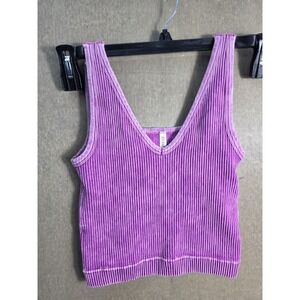Zenana S/M Ribbed Velour Crop Tank Top Pink Purple Acid Wash Stretch